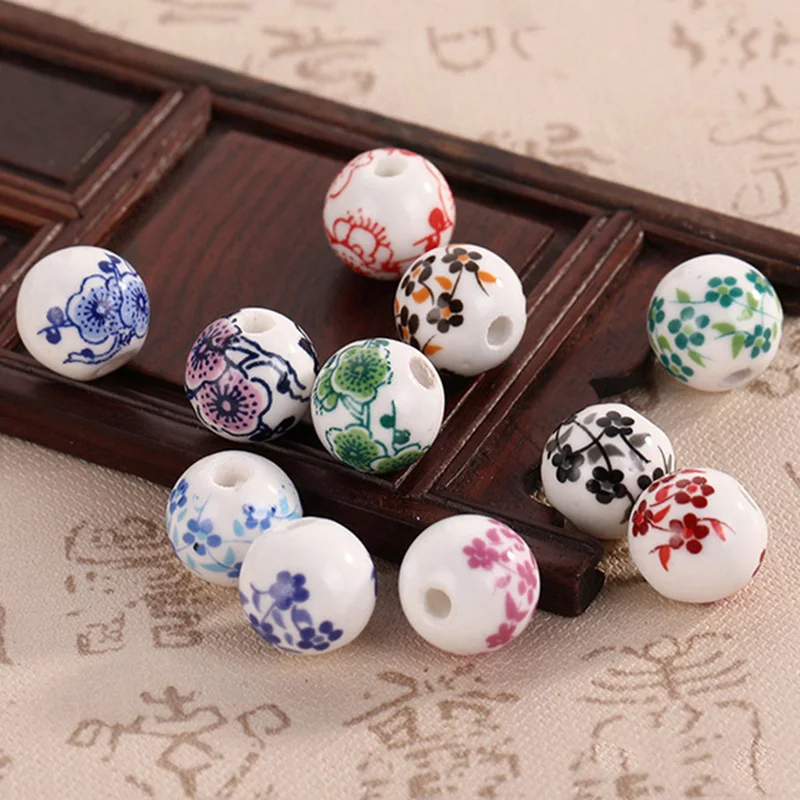 10pcs Round 6mm 8mm 10mm 12mm Flower Patterns Ceramic Porcelain Loose Spacer Beads Lot For Jewelry Making DIY Bracelet Findings