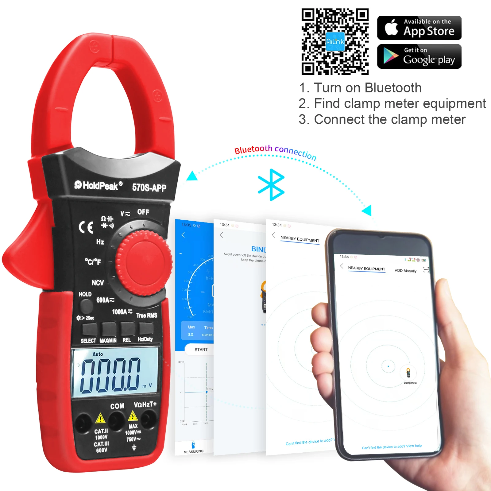 Holdpeak HP-570S-APP AC/DC Volt Amp Digital Clamp Meter 6000 Count NCV Auto Range 1000A Multimeter with Ohm Cap Temperature