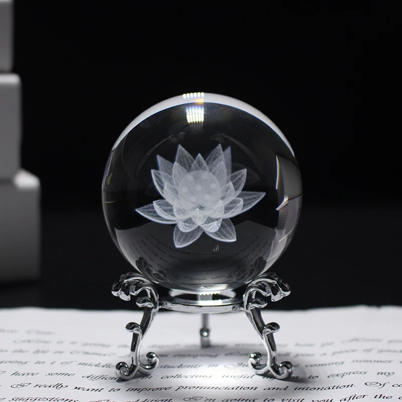 Crystal 3D Carving Lotus Flower Ball Glass Ornament Sphere Healing Meditation Fengshui Global Home Decor Accessories Gifts