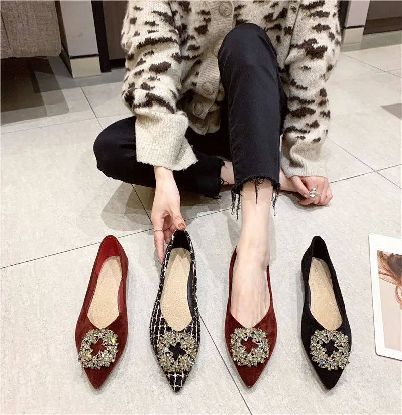 Flat Shoes for Women Spring Black Women Flats Pointed Toe Rhinestone Large Size 43 44 45 46 Diamond Plaid Check Zapatillas Mujer