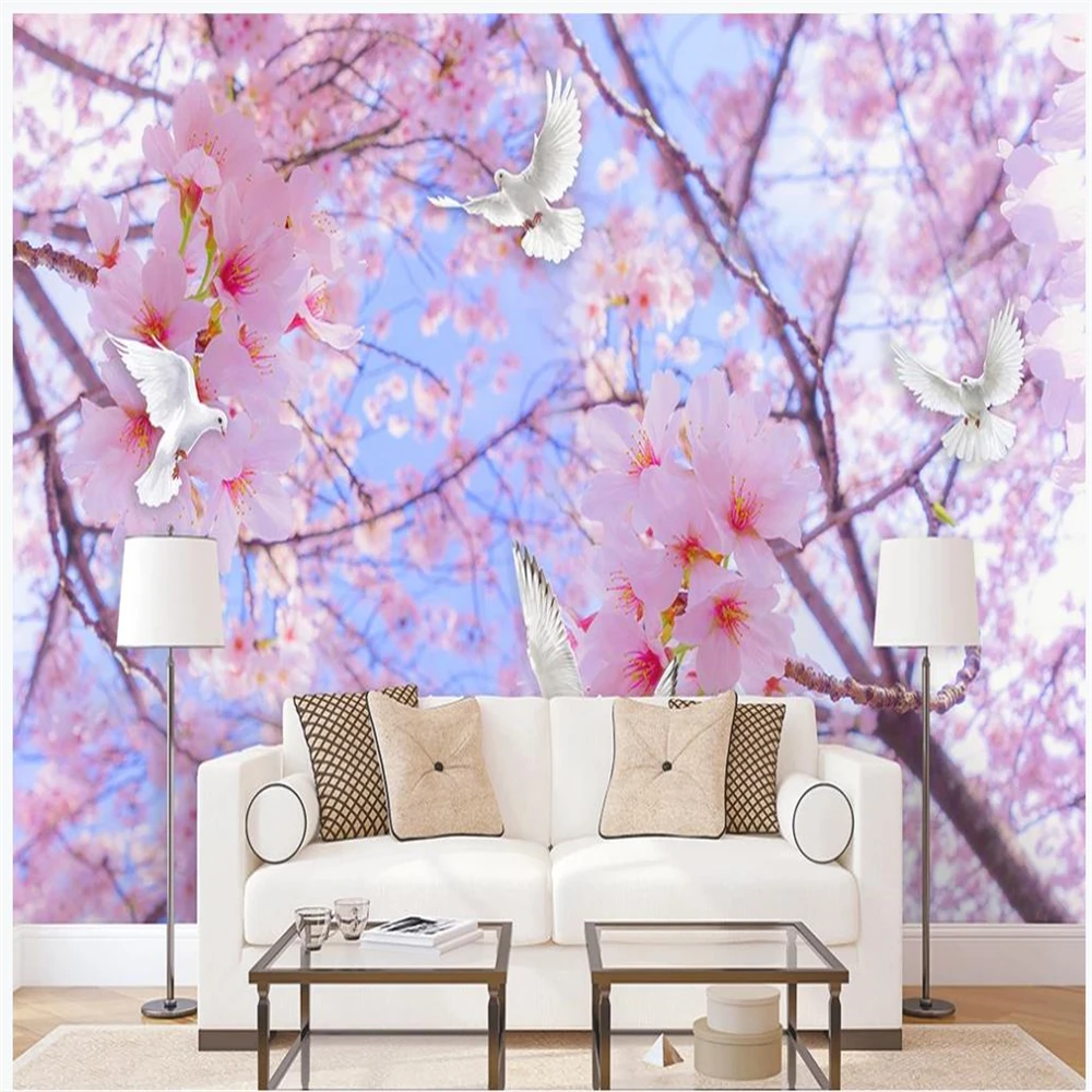 beautiful scenery wallpapers Beautiful romantic cherry blossom white dove sky landscape background wall mural