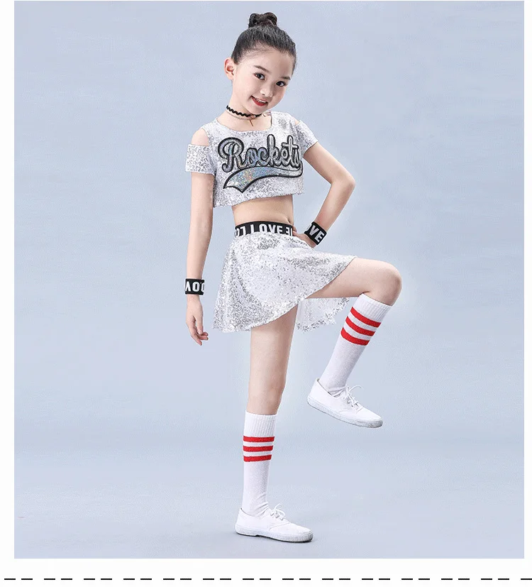 Kids Jazz Dance Costume Hiphop Dresses for Girls Stage Performance Cheerleader Costumes Holographic Sequin Top+Skirt Set