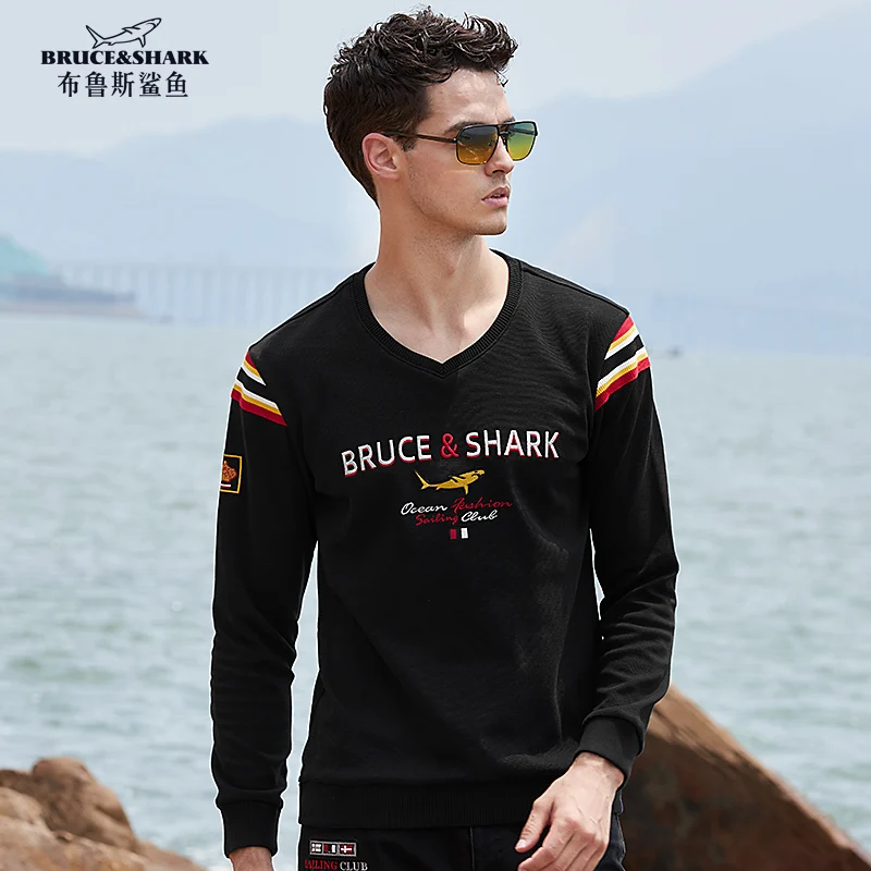 New Men\'s Casual Sweater Round Long Sleeve Embroidery Bruce&Shark Fashion Male Sweater Thicken Loose Knit Winter big size 4XL