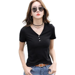 New Women Tees Summer Fashion Classic Basics V-neck Short-sleeve Slim Thin Cotton T-shirt Elastic Fabric Tops Tee Female White