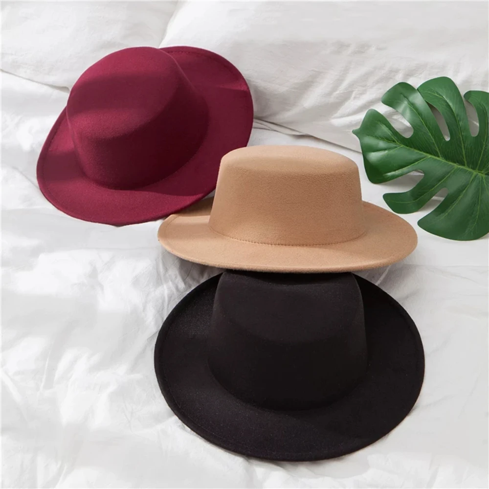 New Classic Solid Color Felt Fedoras for Men Women Artificial Wool Blend Jazz Cap Wide Brim Simple Church Derby Flat Top Hat