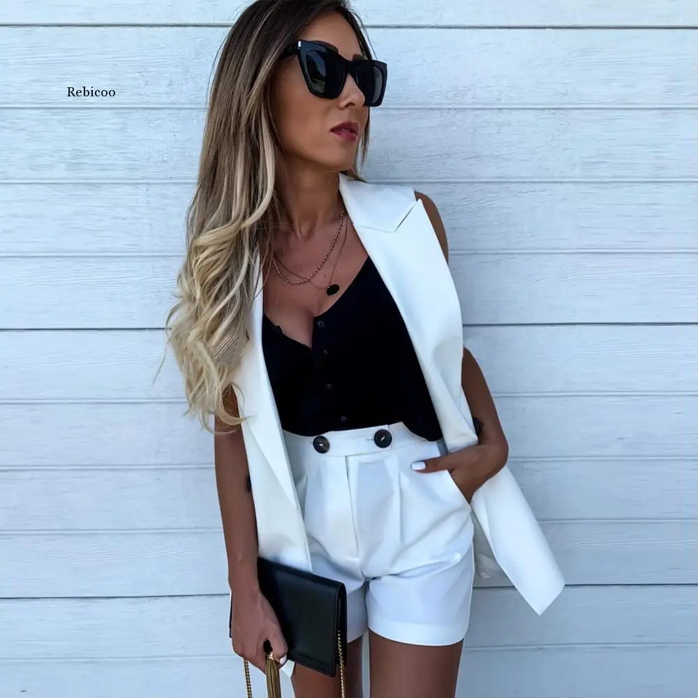 

Women 2 Piece Sets Blazer Sleeveless + Shorts Jacket Coat Solid Color Office Double Button Short Pants Vest Sets