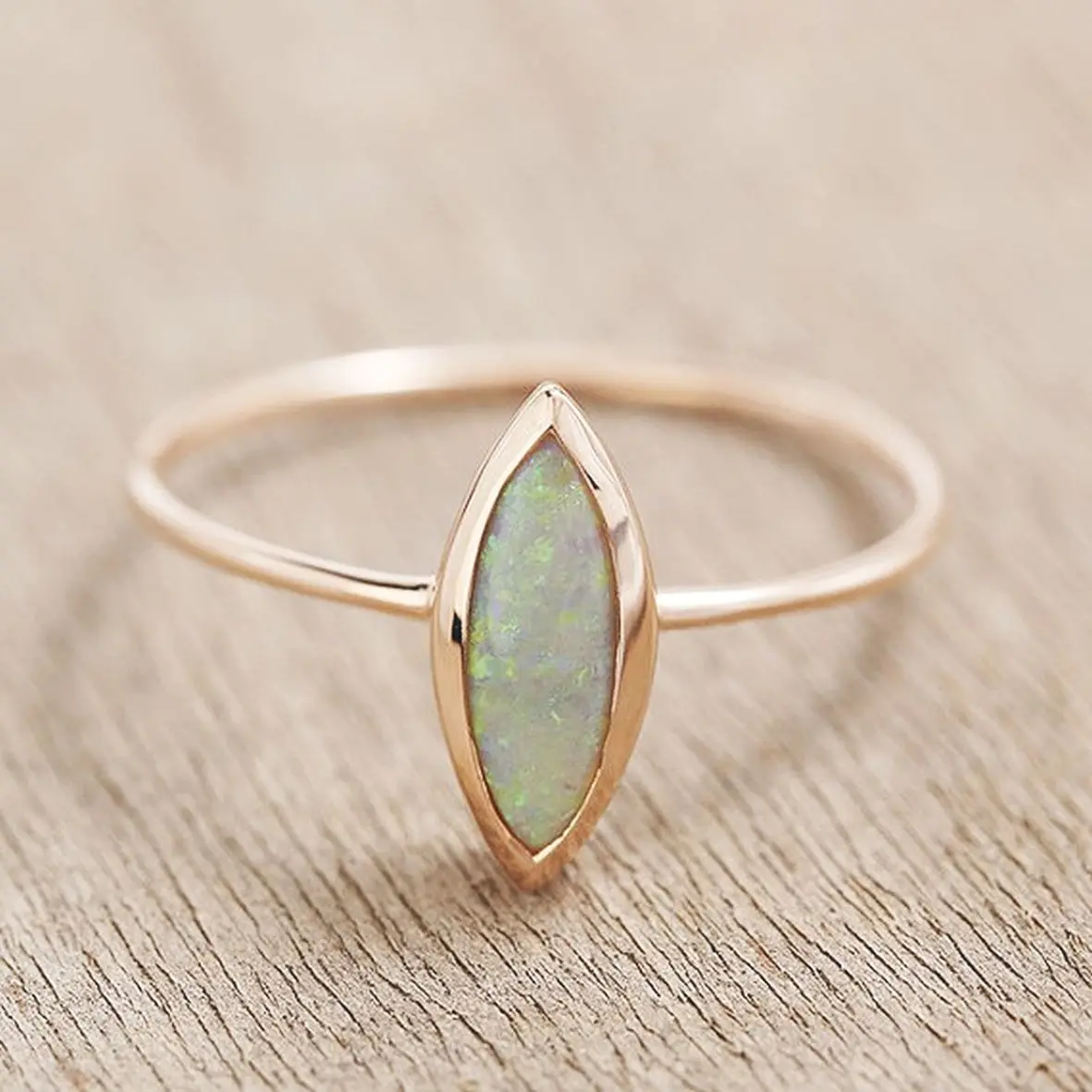 Rose Gold Plated 925 Sterling Silver Thin Ring Marquise Cut White Opal Rings