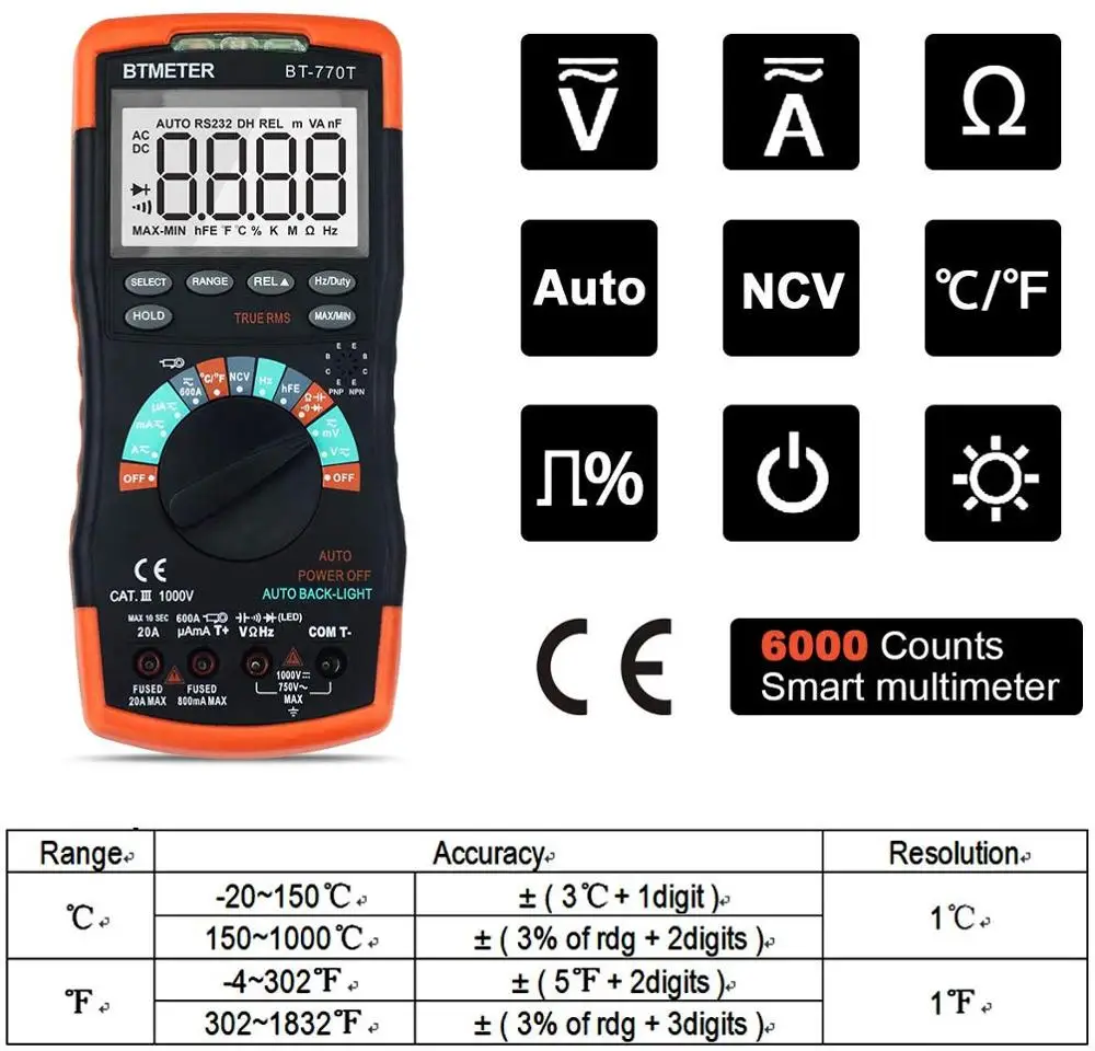 BT-770T true RMS digital multimeter tester 6000 count AC and DC 20A ohmmeter voltmeter multimeter to measure voltage and current