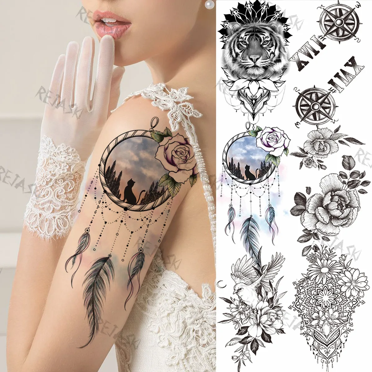 

Акварельный Ловец снов, временные татуировки для женщин, девушка, кулон, цветок, роза, Реалистичная поддельная татуировка, наклейка, татуировки на руки, бедра
