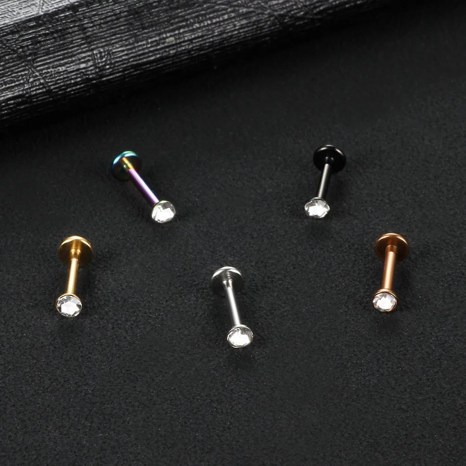 16G Stainless Steel Labret Piercing Lip Ring Zircon Anodized Internal Threaded Ear Tragus Helix Earrings Body Piercing Jewelry