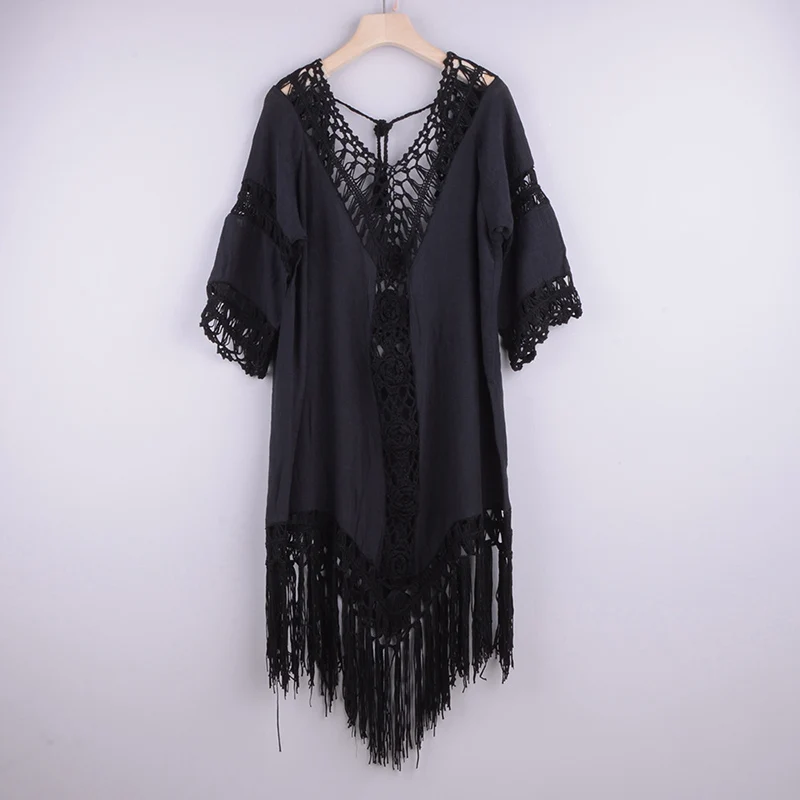 Tassel Beach Outfits Cover-ups for Swimwear Women Backless Sexy Crochet Dress Summer Beachwear Outing Hollow Clothing