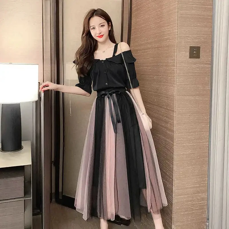 Casual Plus Size Tulle Skirt Women+short Sleeve Buttoned Shirt Two-piece Suit Fashion Long Pleated Mesh Skirts New A-line Skirt