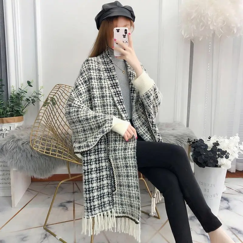 2023 autumn and winter new net red lazy style female shawl jacket mid-length imitation cashmere sweater pocket jacket women