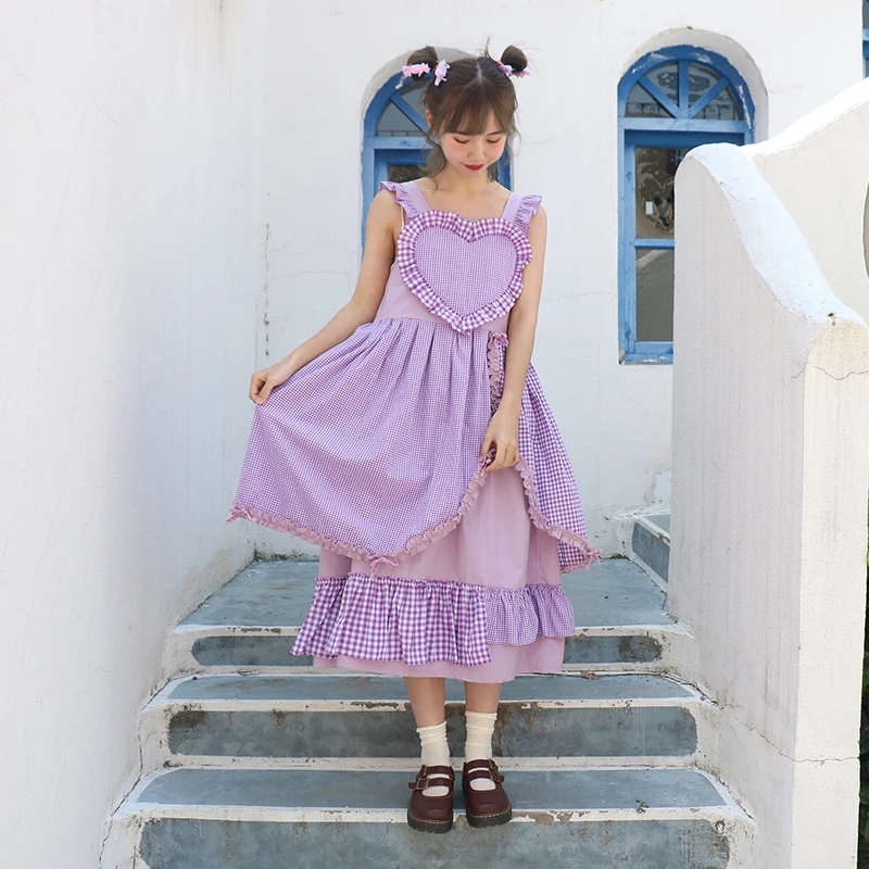 

Summer doll vintage purple suspender dress ruffle dress sweet high waist princess female victorian dress kawaii girl cosplay