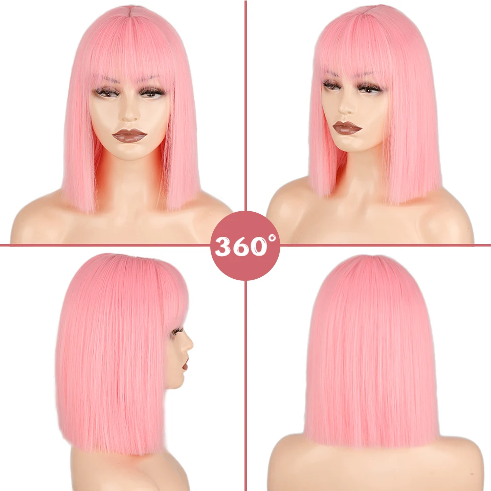 Synthetic wig Short Pink Bob Wig With Bangs for Women Bob Wigs Black Pink Purple Wig for Party Daily Use Shoulder Length