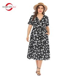 2023 Hot Sale Summer Women Dress Short Sleeve Floral Beach Dresses Long Dress Woman Bandage Dress Plus Size Boho Dress Bohemian