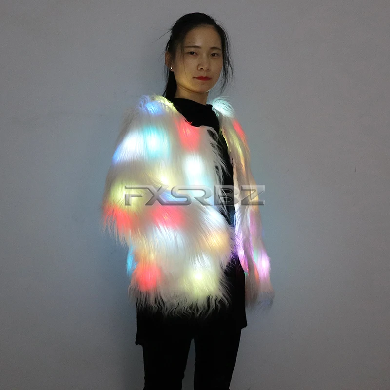 New LED Coat Women Faux Fur Light Up Costumes Christmas Jacket Shiny Overcoat Winter Warm Party Club Outwear