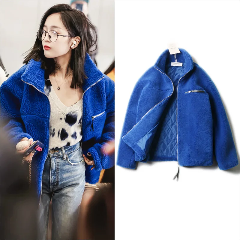 The new winter 2020 thickening easy han edition blue lambs wool coat blue teddy coat