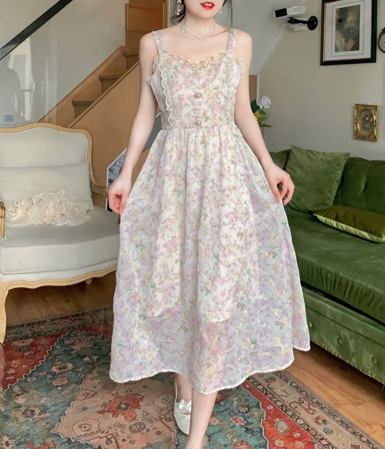 

Summer Elegant Floral Dress Women Vintage Embroidered Kawaii Lace Up Casual Chiffon Dress Female Fit Chic Slim Beach Dress 2021