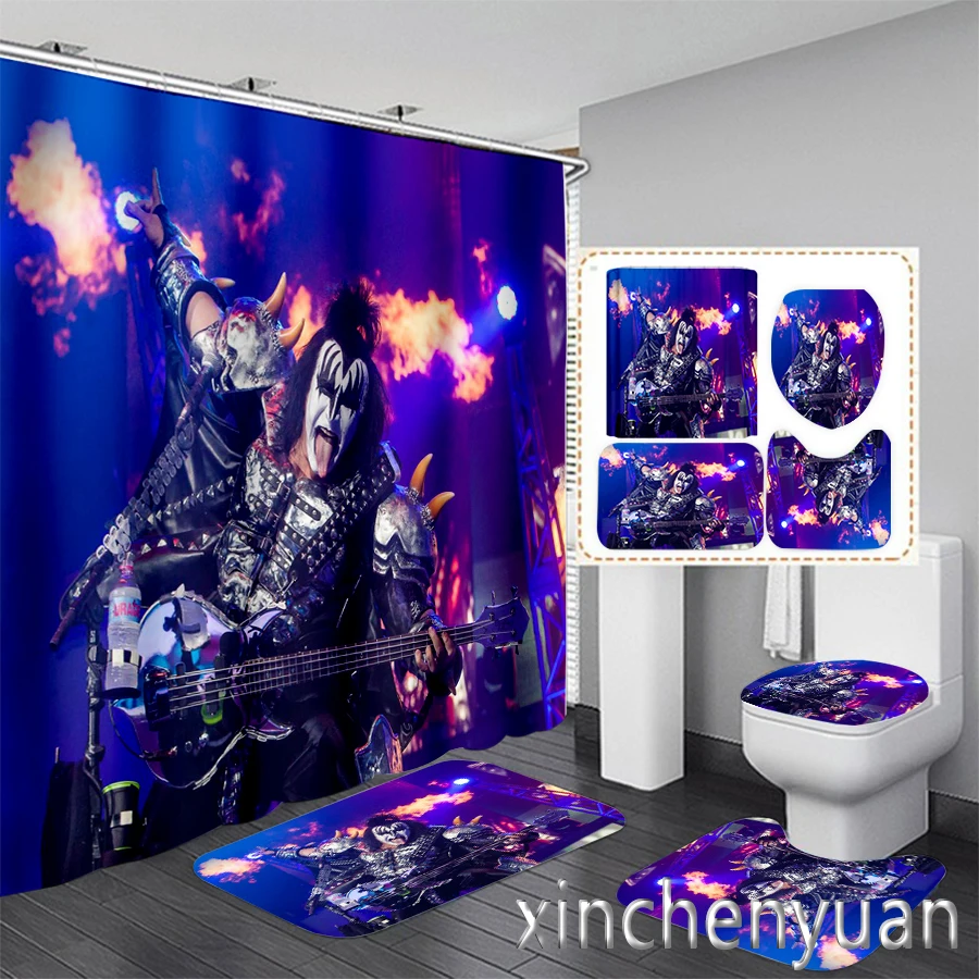 Kiss Band 3D Printing Waterproof Bathroom Shower Curtain Toilet Cover Mat Non-Slip Floor Mat Rug (1/3/4Pcs) W17