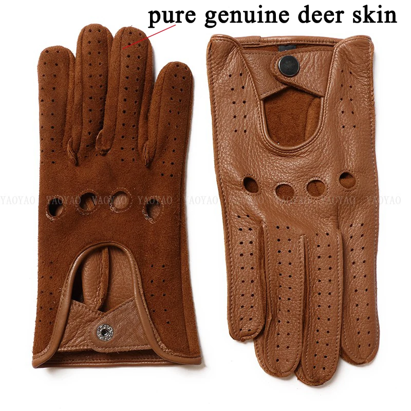 Deerskin Gloves Men Fashion 100 percent Genuine Leather Soft Mittens Male Black/Yellow Punch Holes Driving Luva Guantes Ciclismo