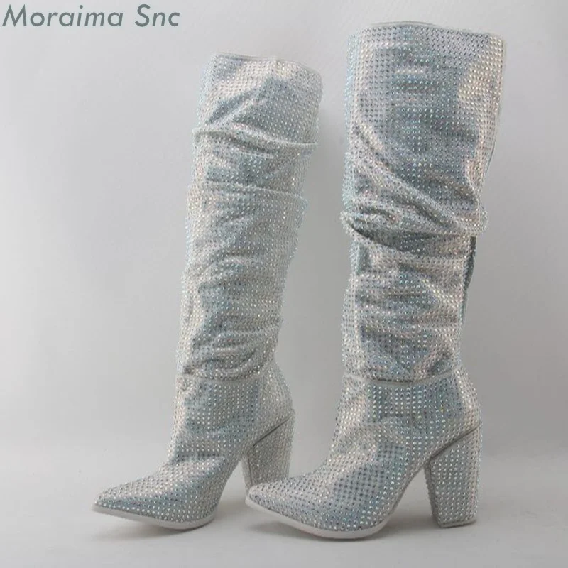 

Moraima Snc Crystal Embellished Women Knee High Boots Sexy Chunky Heel Boots Slip On Luxury Ladies Rhinestone Boots Runway Shoes