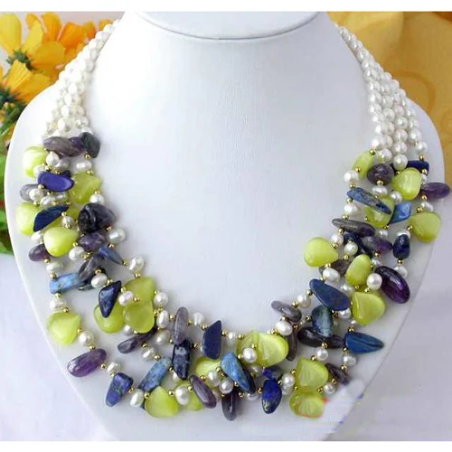 Handmade Multcolor Real Pearl Gemstons Jewelry 4row White Pearl Massive Amethysts Lapis Topaz Necklace Charming Women Gift