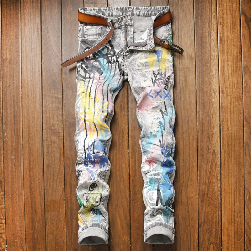 2021 Men's Fashion Splash Ink Colorful  Printed Jeans Men Streetwear Cotton Denim Pants Slim Male Casual Jean Pantalon Hombre