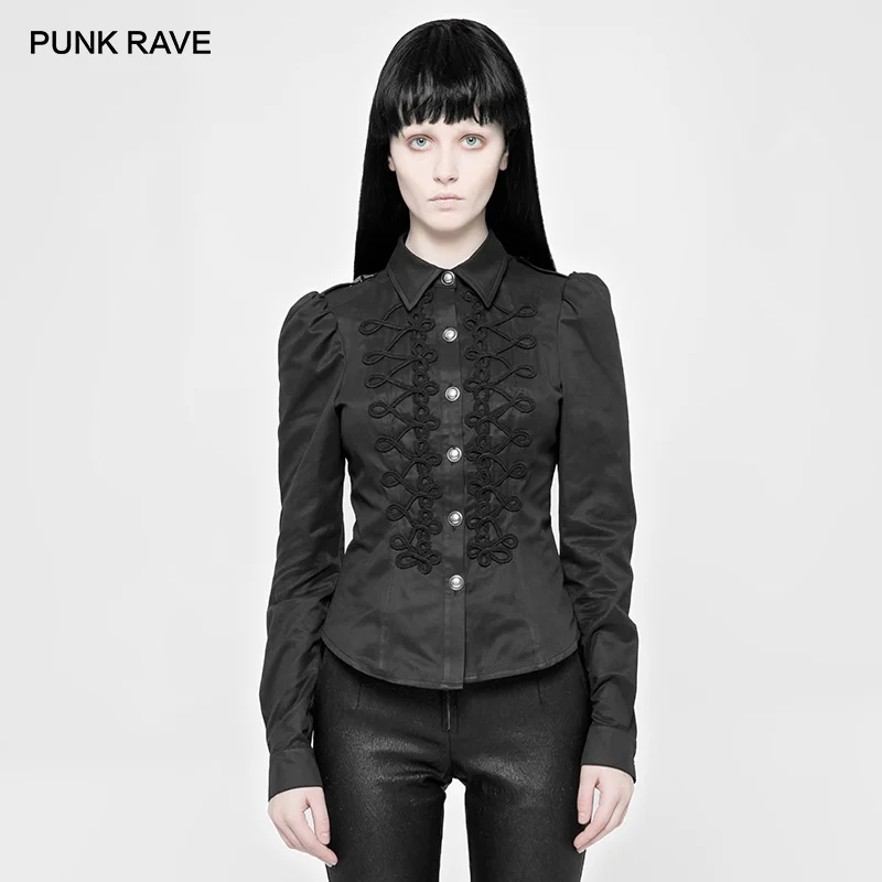 

PUNK RAVE Women's Punk Vintage Military Uniform Special Cutting Lady Long Sleeve Balck Shirt Goth Women Short Tops Blouse