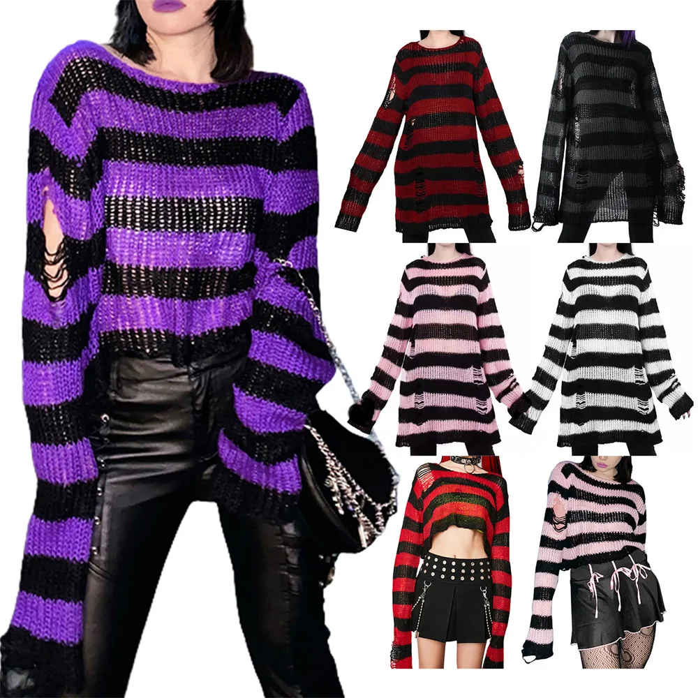 Gothic Women Striped  Hollow Out Hole Broken Jumper Loose Streetwear Top Women Hollow Knit Sweater Color Block Stripe Pullovers