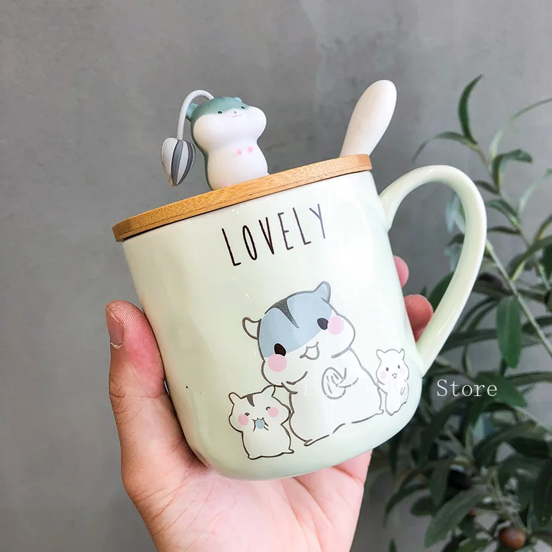 400ml Hamster Mug Korean Simple Cartoon Cute Spoon Cover Personalized Couple Water Cup Family Breakfast Coffee Cup