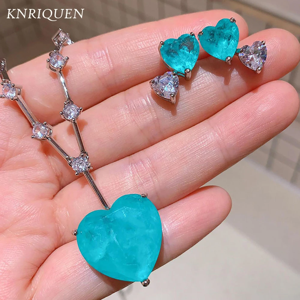 

Luxury Heart Shaped Paraiba Tourmaline Blue Stone Aquamarine Diamond Stud Earrings Women's Pendant Necklace Wedding Jewelry Sets