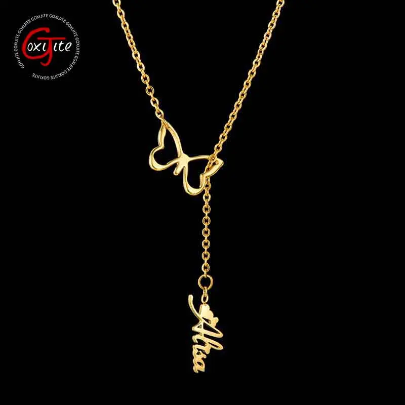

Goxijite 2020 Trendy Butterfly Name Necklace Customized Stainless Steel Cursive Name Butterfly Necklaces For Lover Gift
