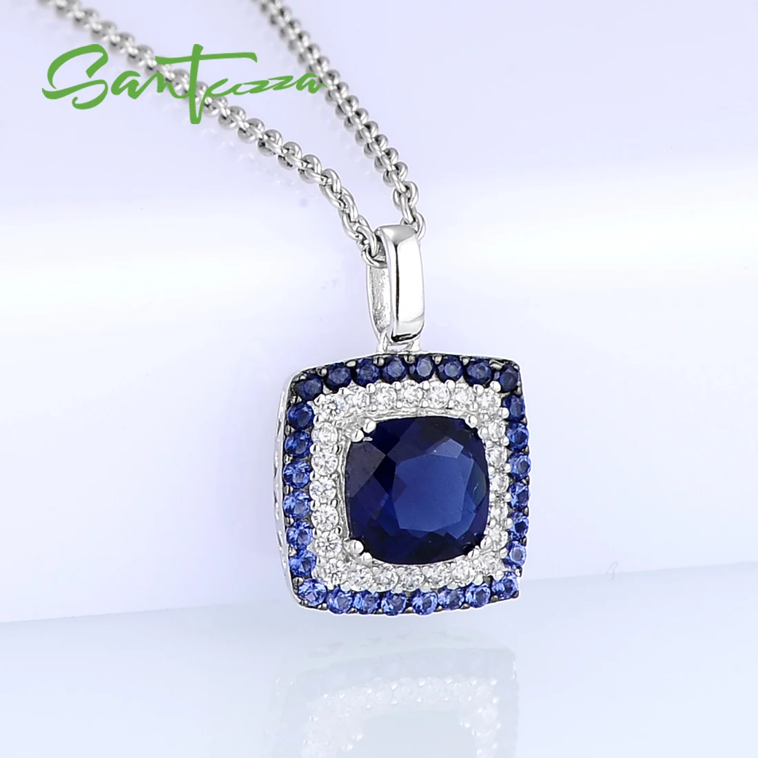 SANTUZZA Genuine 925 Sterling Silver Pendant For Women Square Shiny Green Agate Spinel Blue Cubic Zirconia Party Fine Jewelry