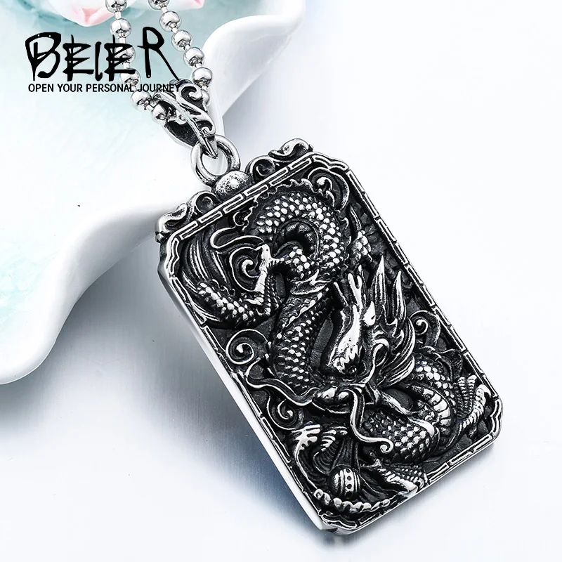 Beier Stainless Steel dragon Animal Wealth and peace Pendant Chain Necklace men Jewelry LLBP8-244P