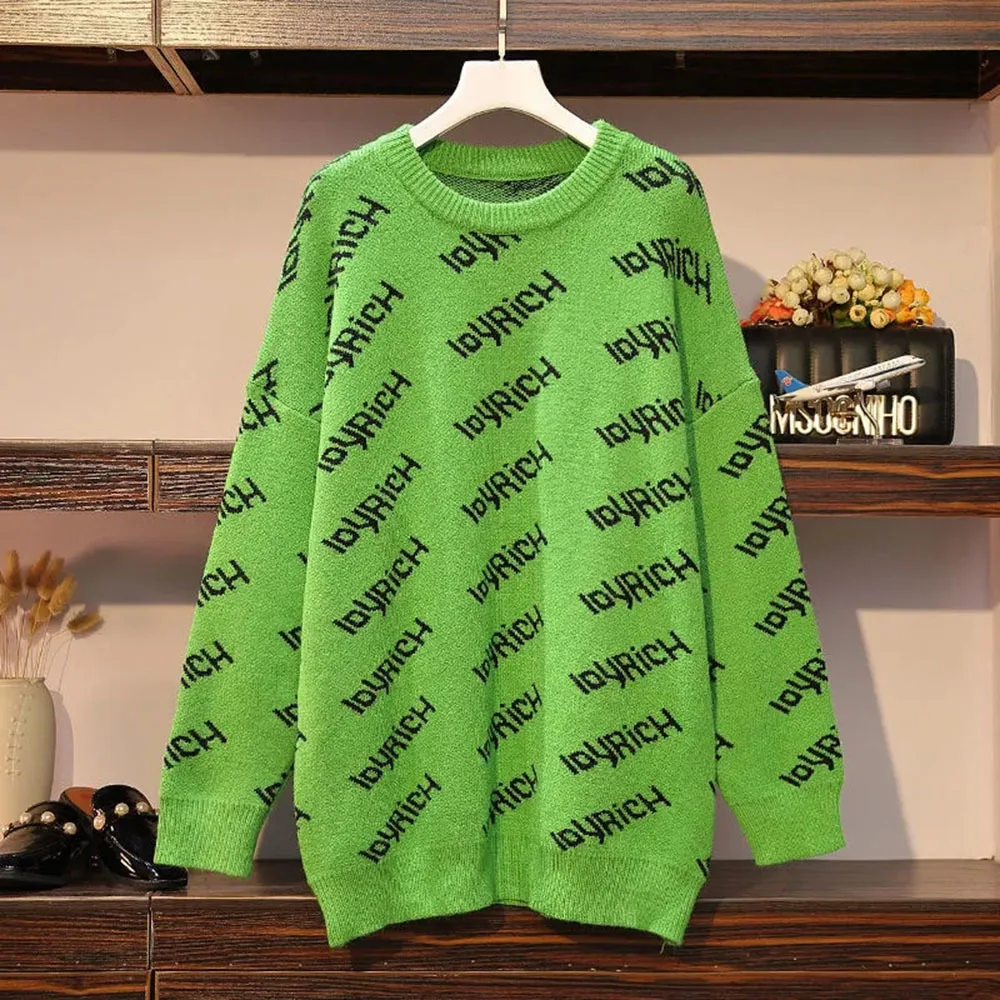 2023 Autumn Winter Black And Green Letter Printed Knit Pullover Sweaters Women Streetwear Loose Oversized Jumper Female Top