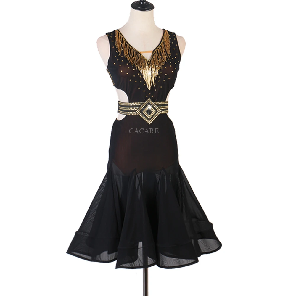 CACARE Elegante Vestido de Dança Latina com Strass para Mulheres, Sexy Salsa Wear, Trajes De Dança Lírica, D0726