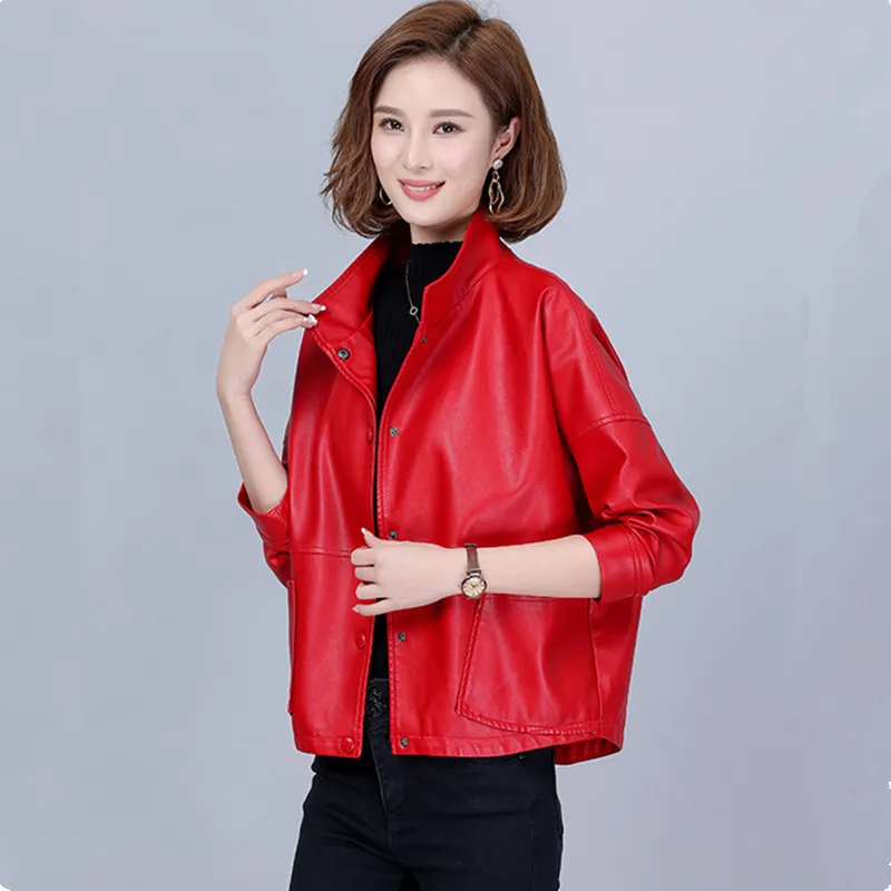 UHYTGF Women's Spring Autumn Sheepskin Coat Single-Breasted Casual Short Leather Jacket Female Korean Loose Size Outerwear 2338