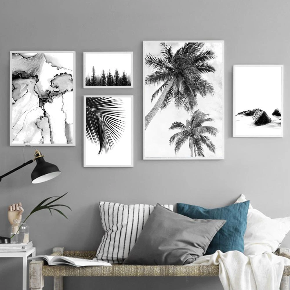 Schwarz Weiß Varita Kunst Leinwand Malerei Minimalistaischen Pflanze Landschaft Póster Nordic Stil Bild Decoración del hogar