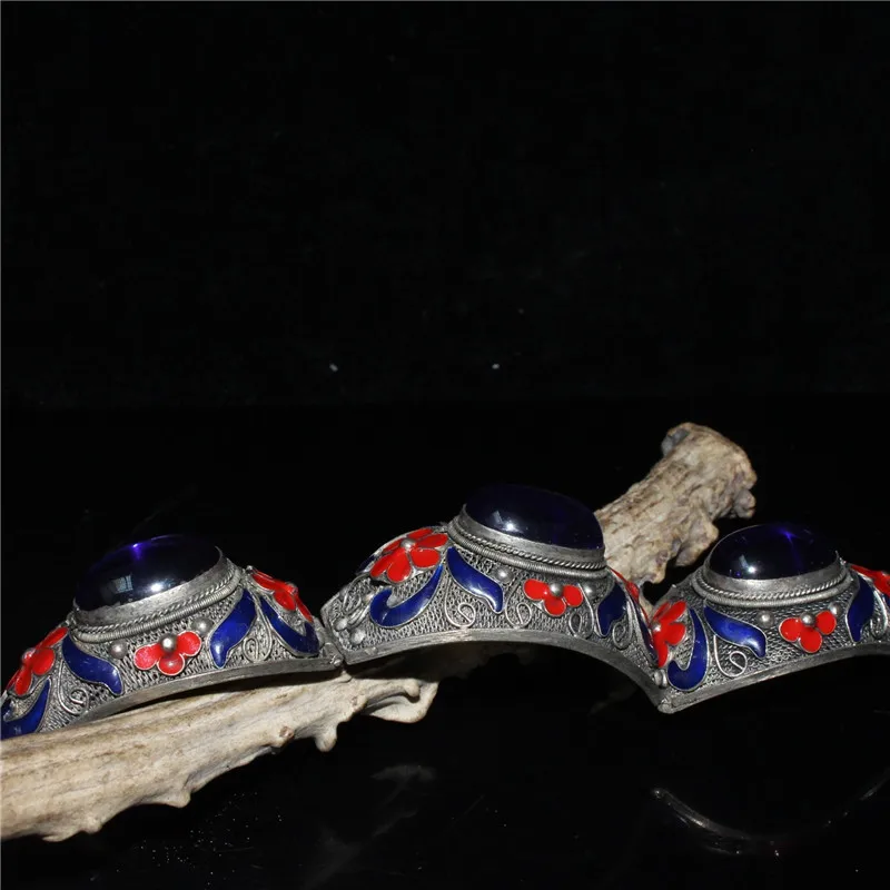 Chinese Old Tibetan Silver Cloisonne Inlaid Sapphire Bracelet