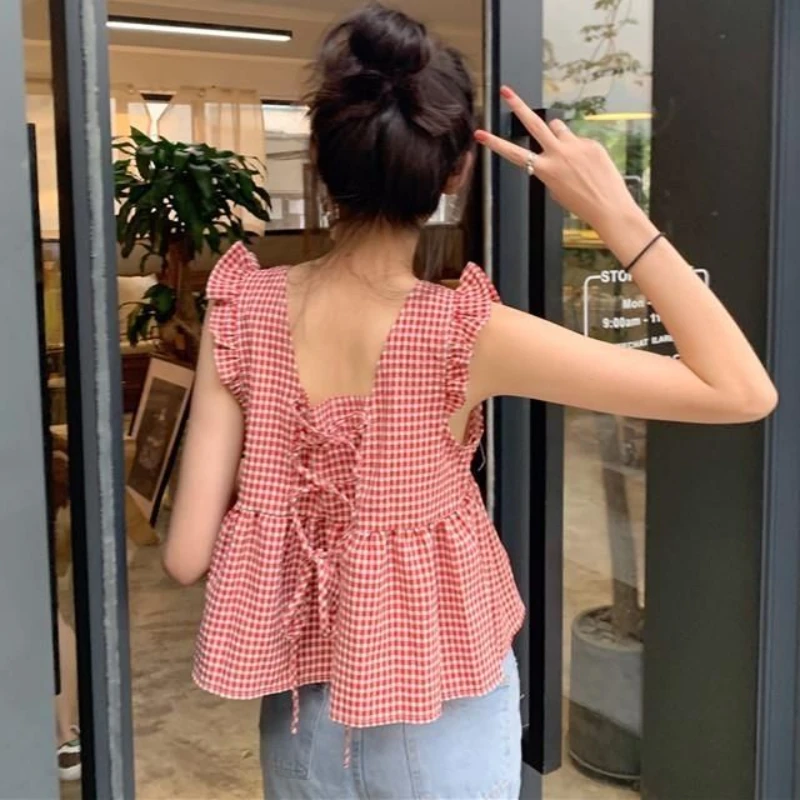 Plaid Tanks Women Loose All-match Fashion Sweet Simple Cozy Korean Style Leisure Bandage Female Streetwear Crop Tops Breathable