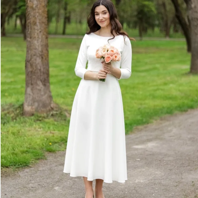 Robe de Mariée Courte en Mousseline de Soie, Simple et Élégante, Col Rond, Manches Trois Quarts, Nouvelle Collection 2024