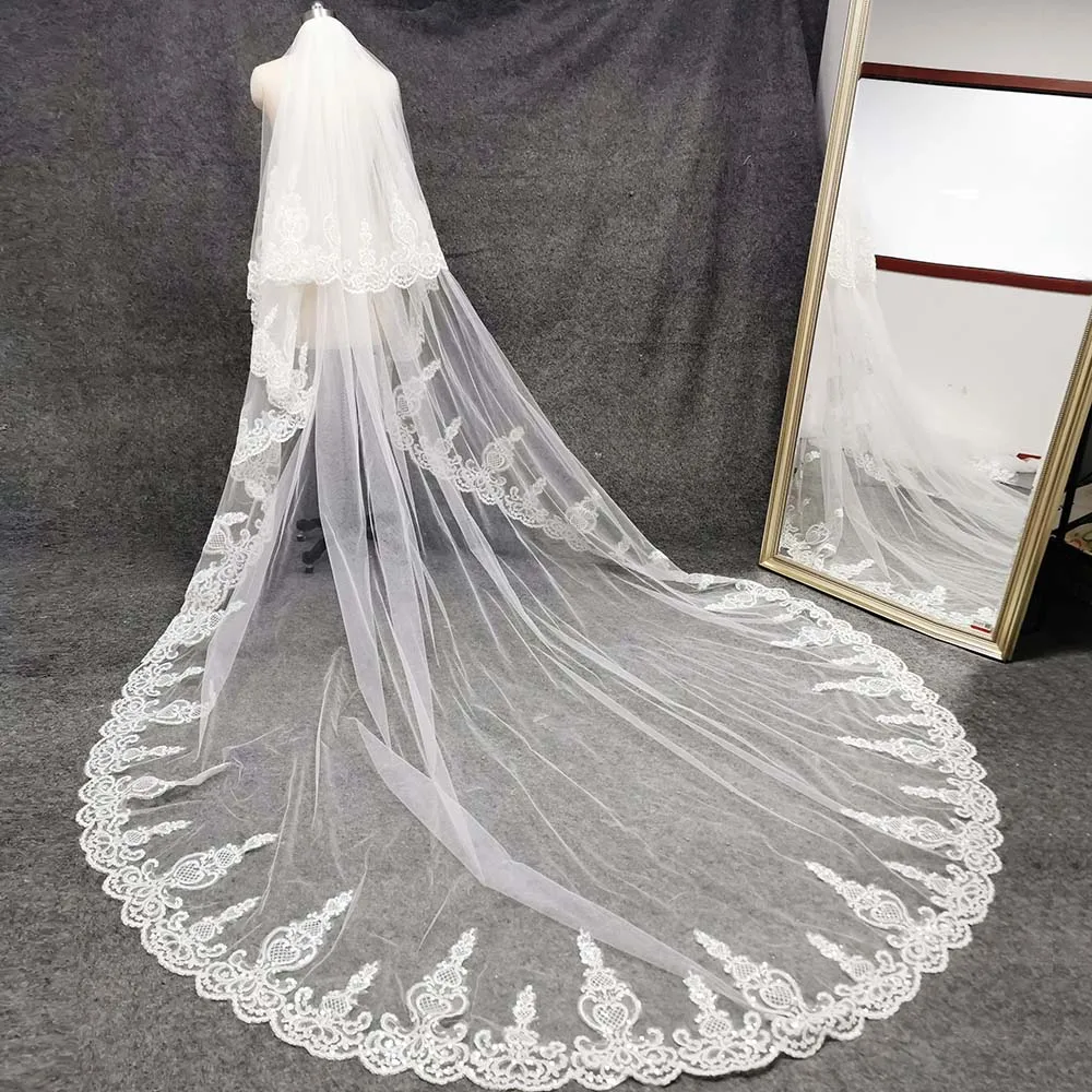 

Bling Sequins Lace 2 Layers Bridal Veil with Comb White Ivory Cathedral Wedding Veil with Comb Wedding Accessories Customized