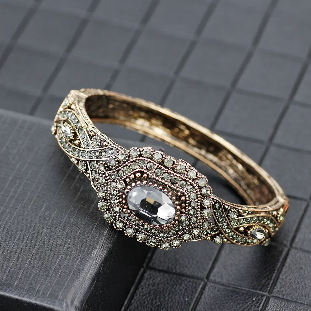 Bohemia Gray Crystal Vintage Bangle for Women Ethnic Wedding Jewelry Turkish Rhinestone Cuff Bracelet Bridal Gift