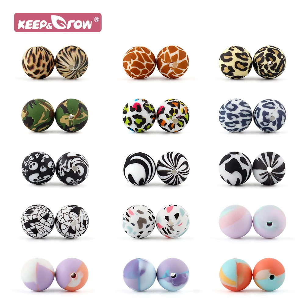 12mm Silicone Baby Beads Print Leopard 10pcs BPA Free Baby Teething Round Ball Pearl DIY Silicone Pacifier Clip Teether Bead