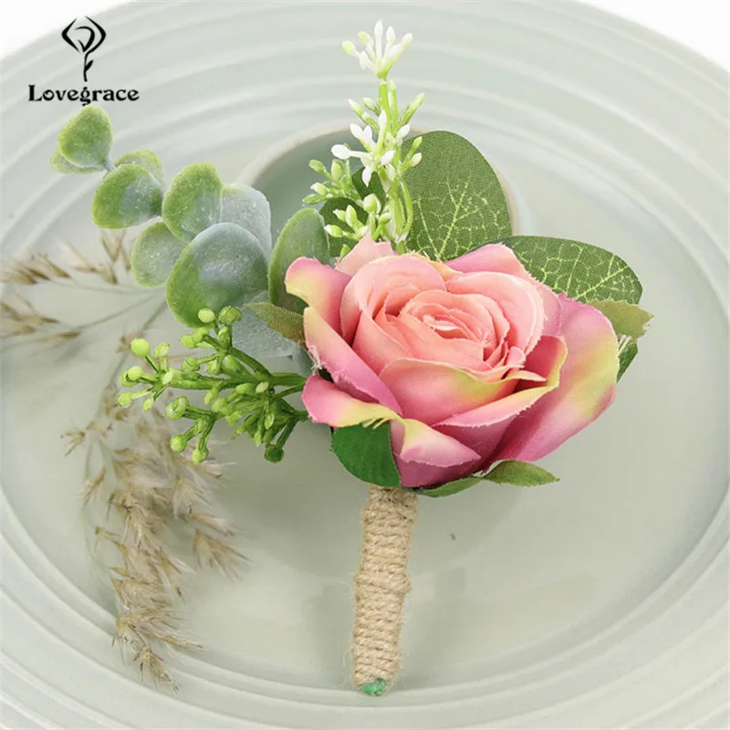 Lovegrace Faux Rose Kancing Pergelangan Tangan Korsase Groom Boutonniere Pin Manset Gelang Bridesmaid Pernikahan Saksi Sutra Bunga Korsase