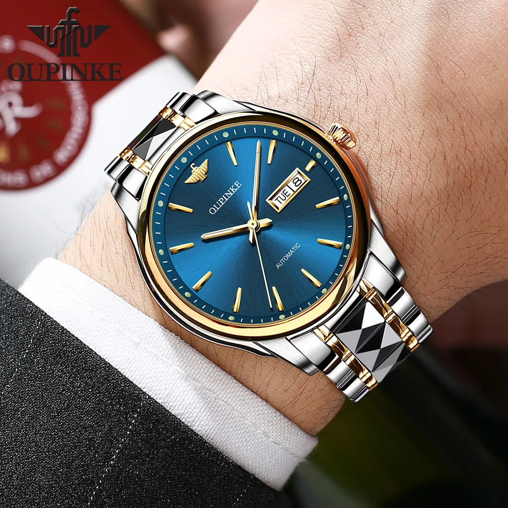 

Men Automatic Watch Sapphire Crystal OUPINKE Self-Wind WristWatches Mens Tungsten Steel Waterproof Business Mechanical Watch