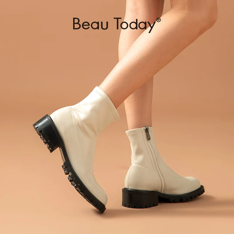 

BeauToday Ankle Boots Women Soft Stretch PU Round Toe Size Zip Closure Fashion Chunky Heels Shoes for Women 03479