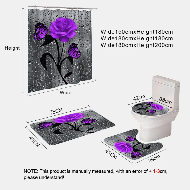 Red Rose&Butterfly Bathroom Anti-slip Mat Set Durable Waterproof Shower Curtain Set Pedestal Rug Lid Toilet Cover Bath Mat Rugs