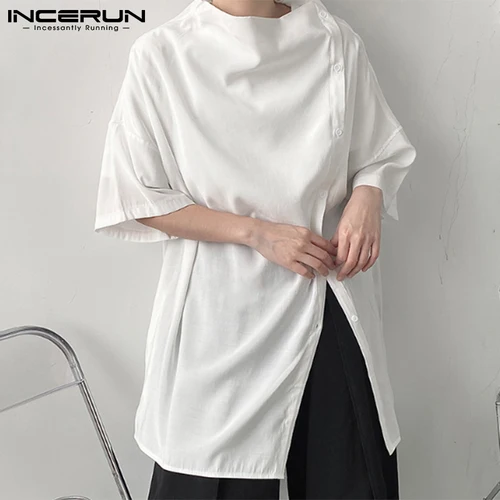 Imagen 1 del producto INCERUN-camisa Irregular de cuello alto para hombre, Camisas de media manga con botones, ropa de calle informal a la moda, S-5XL de Color sólido, 2024